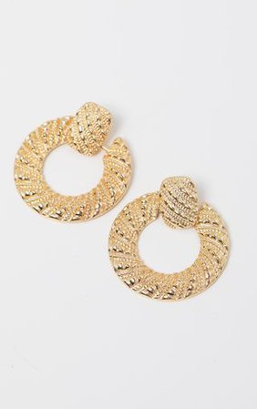 Gold Textured Door Knocker Hoop Earrings | PrettyLittleThing