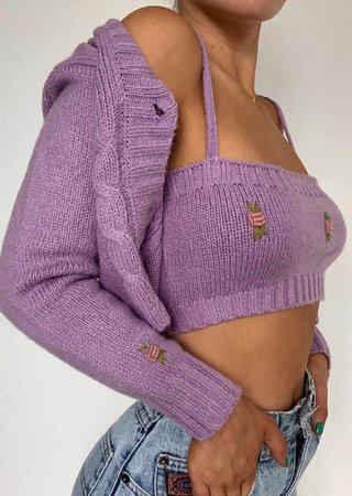 Cropped Embroidered Knitted Cardigan Top Co Ord Set Purple