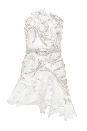 WHITE STRAPLESS MINI DRESS WITH LACE AND EMBROIDERY - RAISAVANESSA