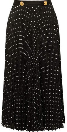 Satin-trimmed Pleated Polka-dot Crepe Midi Skirt - Black