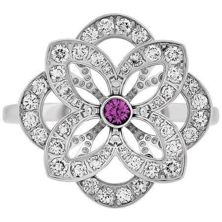 Louis Vuitton 18 Karat White Gold Diamond and Pink Sapphire Flower Ring For Sale at 1stdibs