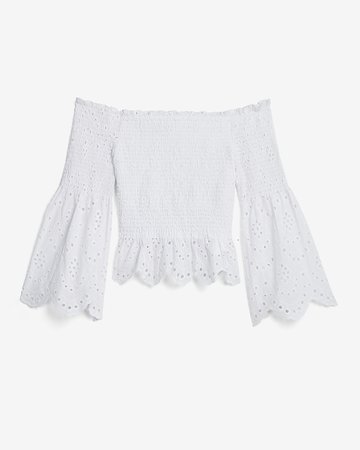 Off The Shoulder Smocked Eyelet Lace Bell Sleeve Top | Express