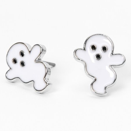 Silver Ghost Stud Earrings - White | Claire's US
