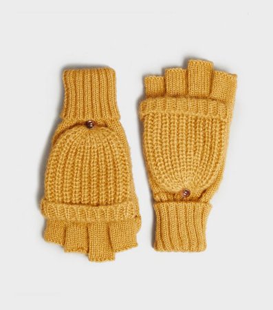 Yellow Ribbed Knit Flip Top Gloves | New Look
