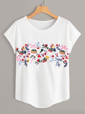 Floral And Letter Embroidered Tee | SHEIN