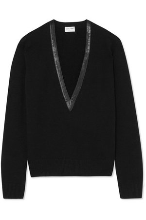 SAINT LAURENT | Leather-trimmed cashmere sweater | NET-A-PORTER.COM