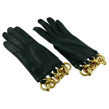 Christian Lacroix Vintage Black Leather and Gold Chain Bracelet-Like Gloves For Sale at 1stdibs