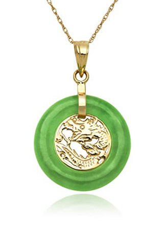 10k Gold Natural Jade Dragon Necklace Charm Pendant, 18"