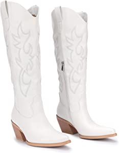Amazon.com | Pasuot White Cowboy Boots for Women - Wide Calf Cowgirl Knee High Western Boots with Side Zip and Embroidered, Pointed Toe Chunky Heel Retro Classic Tall Boot Pull On for Ladies Fall Winter Size 8 | Knee-High