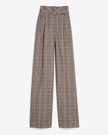 High Waisted Plaid Belted Wide Leg Pant