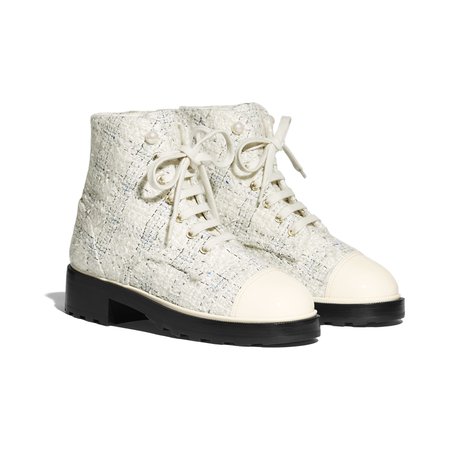 Tweed Calfskin White Black Ankle Boots | CHANEL