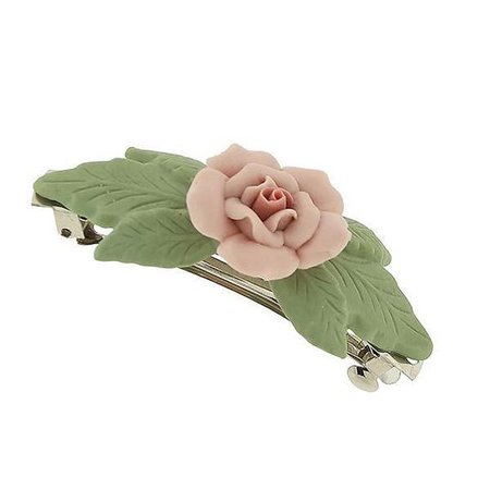 1928 Jewelry Silver-Tone Genuine Porcelain Rose and Green Leaf French Hair Barrette