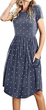 Women Summer Short Sleeve Pocket Midi Knee Casual Aline Dress Polka Dot Blue XXL at Amazon Women’s Clothing store