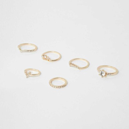 River Island Gold tone diamante pave ring pack