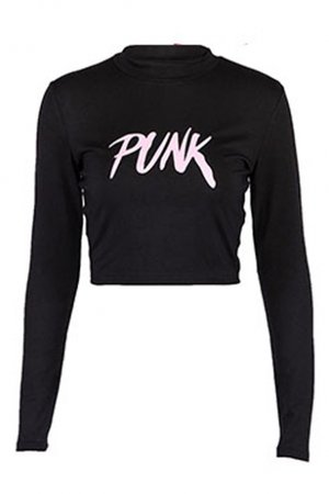 Stylish Letter PUNK Pattern Mock Neck Long Sleeve Black Slim Fitted Cropped T-Shirt - Beautifulhalo.com