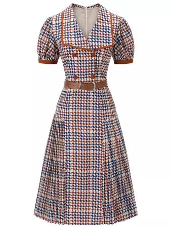 1930s Lapel Houndstooth Dress With Leather Belt – Retro Stage - Chic Vintage Dresses and Accessories