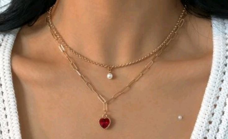 red love hear and pearl layered chain necklace