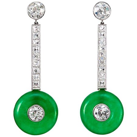 Platinum French and Old European Diamond Jadeite Vintage Earrings For Sale at 1stDibs