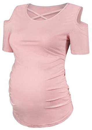 Women's Cold Shoulder Maternity Top Short Sleeve Pregnancy Shirt Ruched Side Clothes Criss Cross at Amazon Women’s Clothing store: