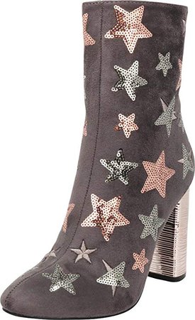 Amazon.com | Cambridge Select Women's Closed Almond Toe Glitter Sequin Star Chunky Wrapped Block Heel Mid-Calf Boot, 7 B(M) US, Grey | Mid-Calf