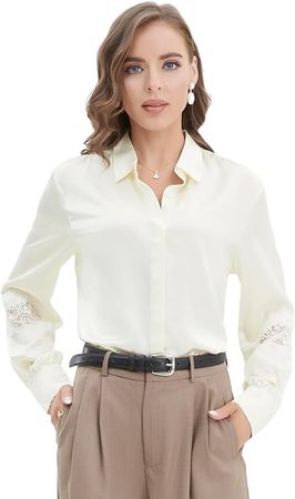 GUIXIU 100% Silk Blouse for Women Lace Stitched Long Sleeve Blouse Casual Tops Silk Button Down Shirts with V Neck at Amazon Women’s Clothing store