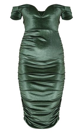 Olive Velvet V Bar Bardot Ruched Midi Dress | PrettyLittleThing USA