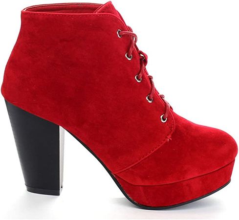 Amazon.com | Forever Camille-86 Women's Comfort Stacked Chunky Heel Lace Up Ankle Booties, 10, Red | Ankle & Bootie