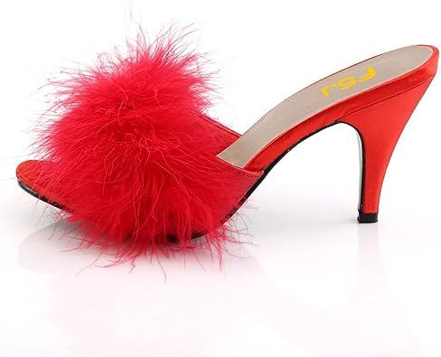 Amazon.com | FSJ Women Fashion Feather Fur Fluffy Kitten Heel Slip On Mules Open Toe Dress Low Heeled Slippers Sandals Slides Outfit Pumps Size 12 Red | Heeled Sandals