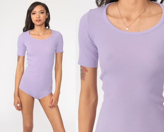 Lavender Bodysuit Top 70s Bodysuit Tshirt Purple Tight Blouse | Etsy