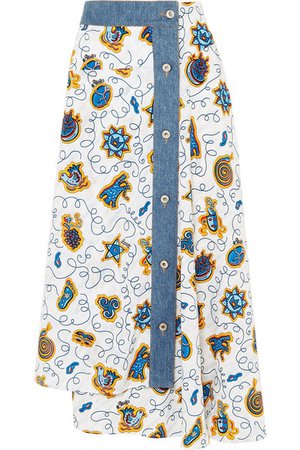 Loewe | + Paula's Ibiza denim-trimmed printed crepe de chine midi skirt | NET-A-PORTER.COM