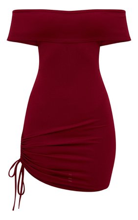 Burgundy Bardot Ruched Side Bodycon Dress | PrettyLittleThing