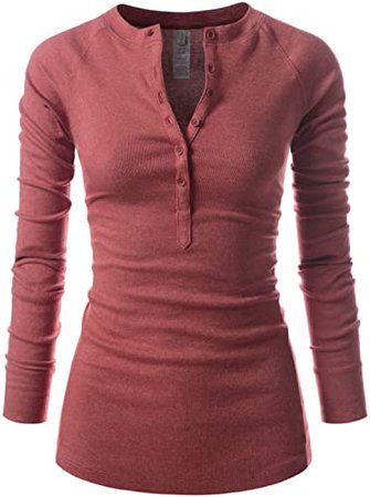NEARKIN Womens Fitted Tee Henley Neck Long Sleeve Cotton Tshirts Wine US L(Tag Size XL) at Amazon Women’s Clothing store