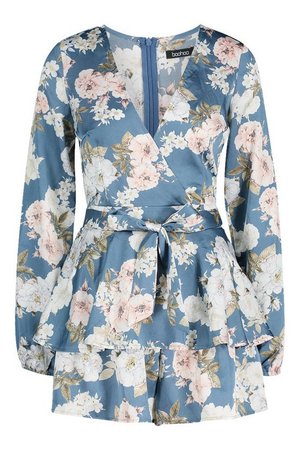 Balloon Sleeve Double Layer Floral Playsuit | boohoo blue