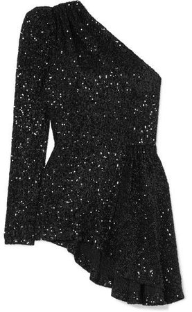 Mica One-sleeve Asymmetric Sequined Lurex Top - Black
