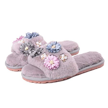 Amazon.com | Women's Chics Flowers Cozy Comfort Slides Warm House Slippers Faux Fur Plush Lined Soft Non Slip Flip Flops | Slippers