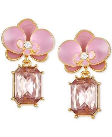 GUESS Gold-Tone Pavé Pink Flower & Amethyst-Color Stone Drop Earrings - Macy's