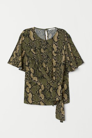 Blouse with Tie Detail - Khaki green/snakeskin pattern - Ladies | H&M US