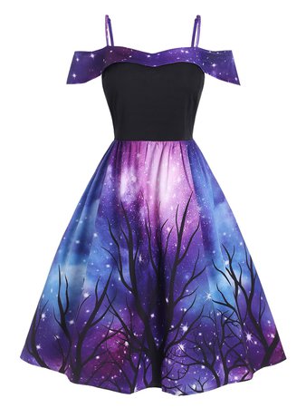 Galaxy Cold Shoulder Dress with Black Bodice