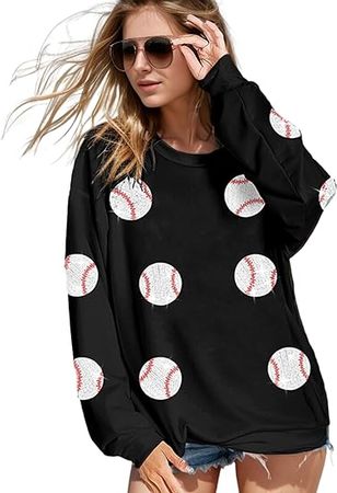 Xunger Women’s Crewneck Long Sleeve Baseball Sequin Pullover Sweatshirt Loose Fit Casual Patches Gameday Tops(1045-Black-XL-RD) at Amazon Women’s Clothing store