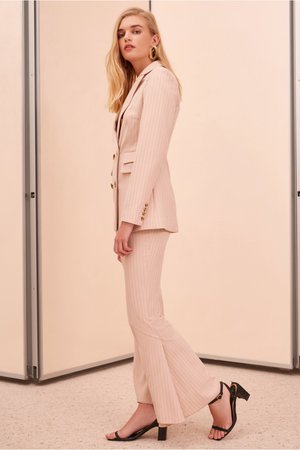 C/MEO COLLECTIVE GO FROM HERE BLAZER AND PANTS TROUSER SUIT SET NUDE BEIGE PINK PIN STRIPE