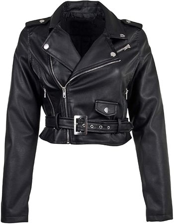Women's Juniors Fashionable Cropped Faux Leather Moto Biker Jacket in Black Size M at Amazon Women's Coats Shop