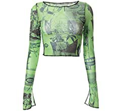 Girls Womens Y2K Crop Top Long Sleeve Graphic Tee Shirts E-Girl Vintage Pullover Shirt Casual Tee Tops Streetwear (Z-Green+Graphic, S) at Amazon Women’s Clothing store