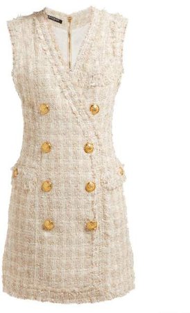 Tweed Frayed Edge Mini Dress - Womens - Beige