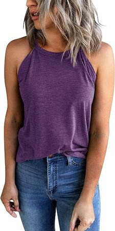 Yuccalley Women's Halter Tank Tops Summer Sleeveless Racerback Shirts High Neck Casual Camis (Purple, Large) at Amazon Women’s Clothing store