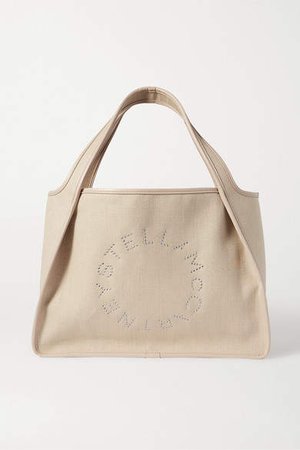 Eyelet-embellished Faux Leather-trimmed Linen-canvas Tote - Cream