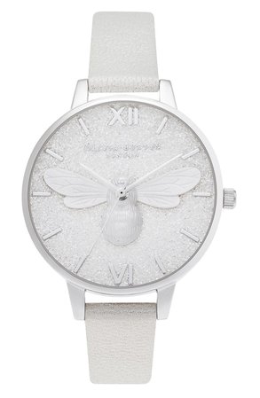 Olivia Burton Lucky Bee Shimmer Leather Strap Watch, 34mm | Nordstrom