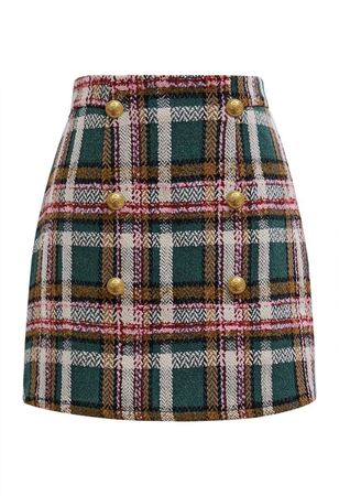 Golden Buttons Green Plaid Wool-Blend Mini Skirt - Retro, Indie and Unique Fashion