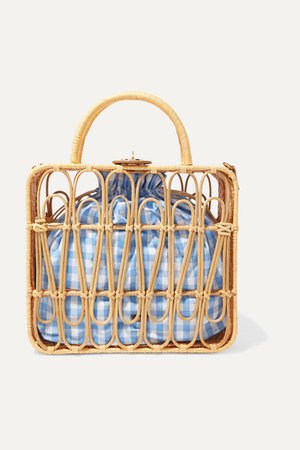 Kayu | Safia leather-trimmed rattan and gingham cotton-canvas tote | NET-A-PORTER.COM