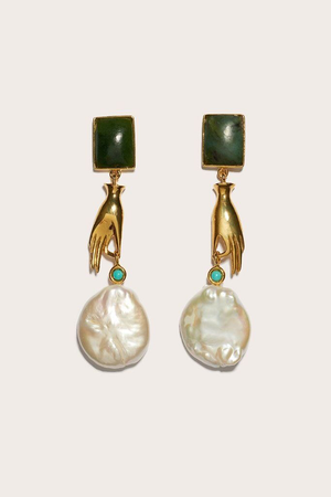 gold hand & pearl statement earrings