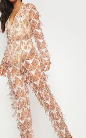 Rose Gold Tassel Sequin Plunge Jumpsuit | PrettyLittleThing USA